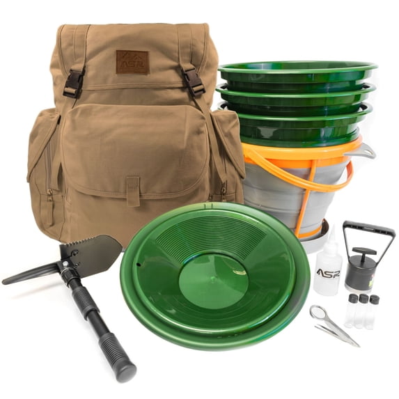 ASR Outdoor 14pc Remote Adventure 30L Rucksack Gold Panning Kit with Classifier Screens, Khaki