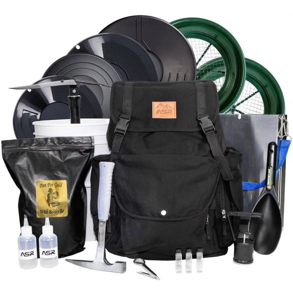 ASR Outdoor 17pc Complete Black Backpack Sluice Box Gold Panning Kit with 10lb Paydirt