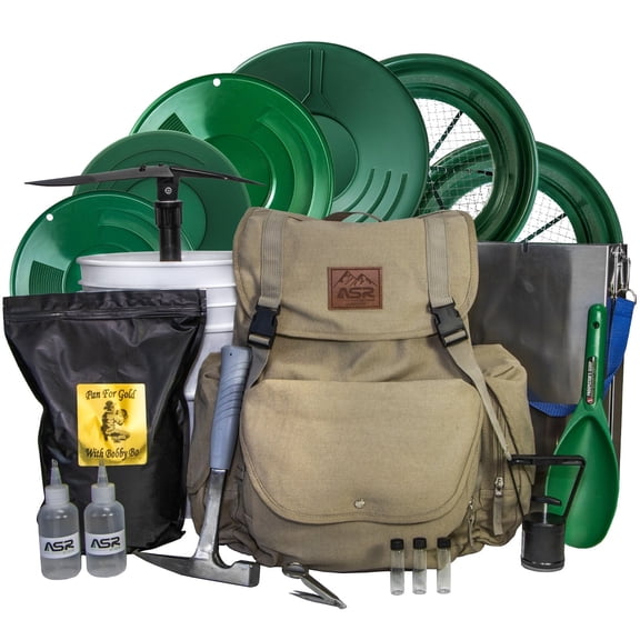 ASR Outdoor 17pc Complete Khaki Backpack Sluice Box Gold Panning Kit with 10lb Bobby Bo Intermediate Paydirt