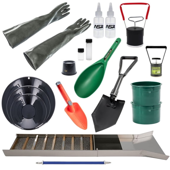 ASR Outdoor 17pc Ultimate Miner's Gold Prospecting Kit Folding Aluminum Sluice Box, Sifting Pans and Collection Tools