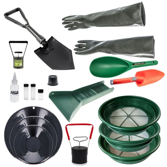 ASR Outdoor 18pc Deluxe Miner's Gold Prospecting Kit Mini Rubber Sluice Box, Gold Pans, Inspection Tools