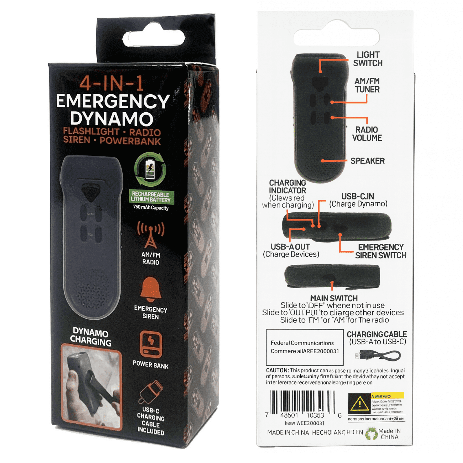 ASR Outdoor 4 in 1 Hand Crank Emergency AM/FM Weather Radio with Flashlight, Power Bank, Alarm Siren for Camping Gear Survival Kits