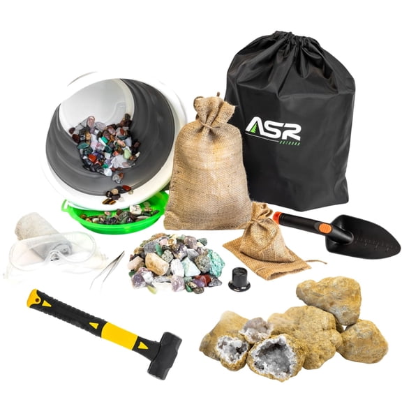 ASR Outdoor 5lb Brazilian Genuine Gemstone Paydirt Gold Panning Kit with Large Geodes and Hammer, 20pc