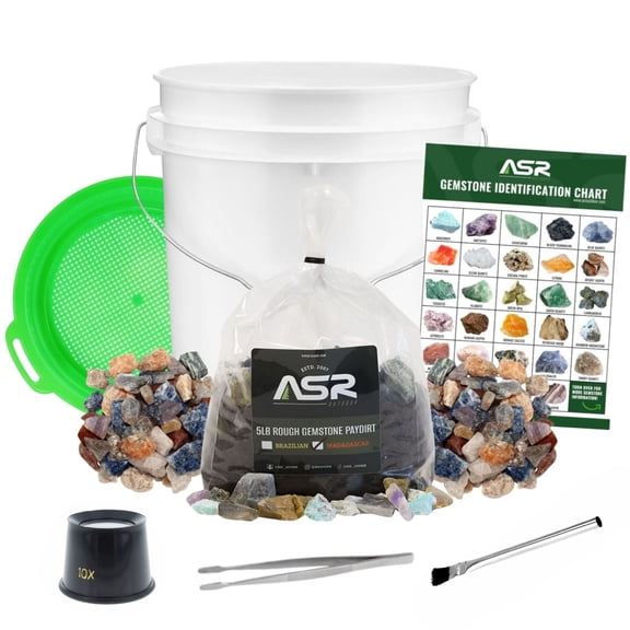 ASR Outdoor 7pc Gemstone Mining Kit with Bucket Tweezer Brush Sifter 10x Loupe