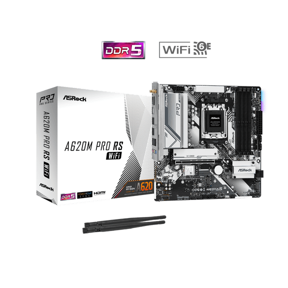 ASROCK Pro Series A620M PRO RS WIFI  DDR5 AM5 Ryzen 7000  Micro ATX  SATA3 6.0 Gb/s 1 x PCIe 4.0 x16 Slot (PCIE1)  7.1 CH HD Audio LAN  802.11ax Wi-Fi 6E + Bluetooth