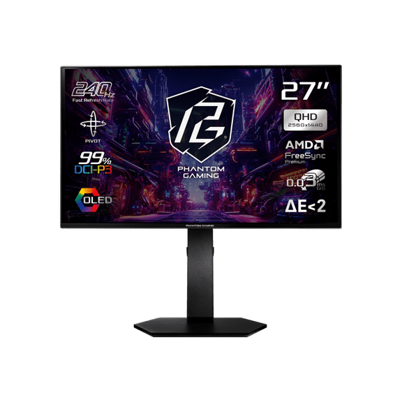 ASRock Phantom Gaming 27 inch QHD 2K 1440P 240Hz AMD FreeSync Premium 0.03ms HDR10 OLED Gaming Computer Monitor with Height Adjustable, Swivel, Pivot & Tilt Stand PGO27QSA