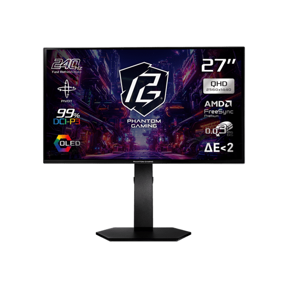 ASRock Phantom Gaming 27 inch QHD 2K 1440P 240Hz AMD FreeSync Premium 0.03ms HDR10 OLED Gaming Computer Monitor with Height Adjustable, Swivel, Pivot & Tilt Stand PGO27QSA