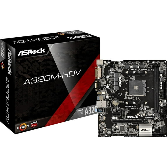 ASRock A320M-HDV Desktop Motherboard, AMD A320 Chipset, Socket AM4, Micro ATX
