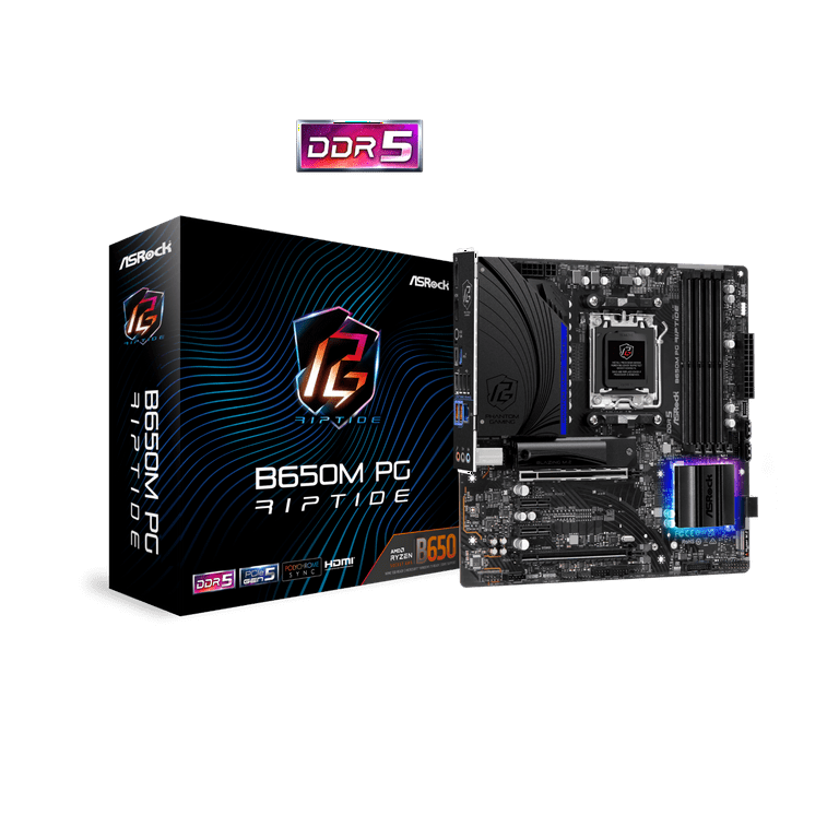 ASRock B650M PG RIPTIDE AM5 Micro-ATX Mainboard, 4 slots DDR5, 2 PCIe 4.0 x16, HDMI 2.1 Port, 2.5Gb LAN, Dual M.2 Slots, 7.1 Nahimic Audio, USB3.2 ASRock B650M PG RIPTIDE AM5 Micro-ATX Mainboard, 4 slots DDR5, 2 PCIe 4.0 x16, HDMI 2.1 Port, 2.5Gb LAN, Dual M.2 Slots, 7.1 Nahimic Audio, USB3.2