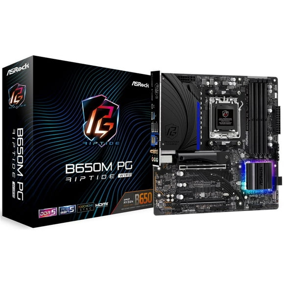 ASRock B650M PG RIPTIDE WIFI AM5 Micro-ATX Motherboard, 4 slots DDR5, 2x PCIe 4.0 x16 Slot,  Dual M.2 slots, 2.5Gb Lan, WI-FI AX,  7.1 Nahimic Audio ,  Rear  USB3.2 Gen2X2 Type_C ,  12+2+1 Power Phase