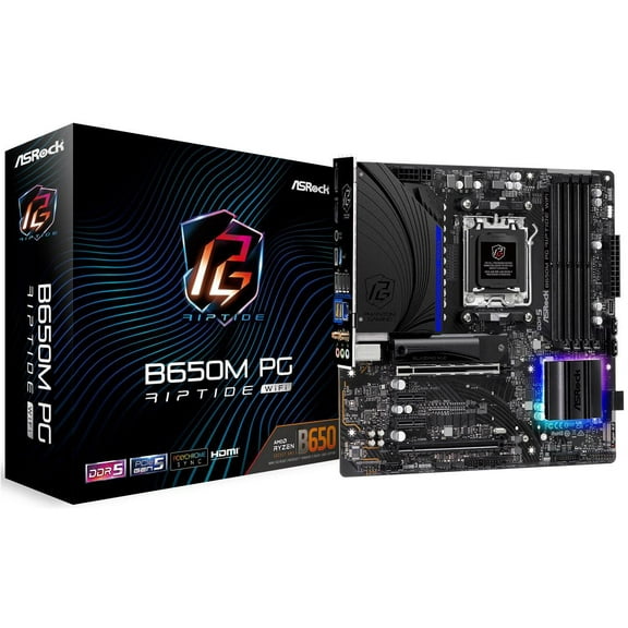 ASRock B650M PG RIPTIDE WIFI AM5 Micro-ATX Motherboard, 4 slots DDR5, 2x PCIe 4.0 x16 Slot, Dual M.2 slots, 2.5Gb Lan, WI-FI AX, 7.1 Nahimic Audio , Rear USB3.2 Gen2X2 Type_C , 12+2+1 Power Phase