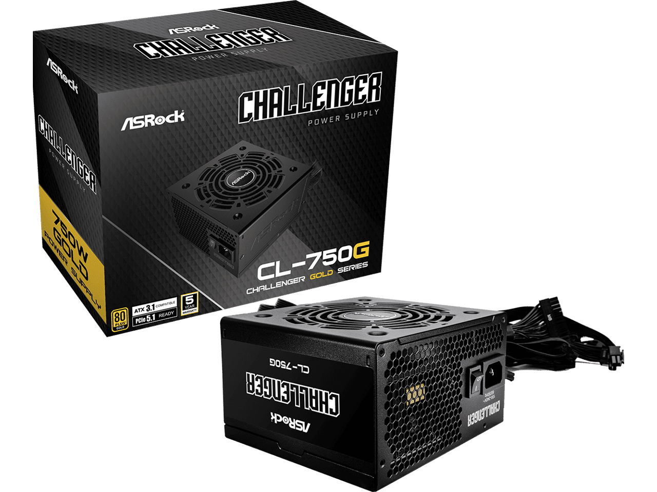 ASRock Challenger CL-750G 750W 80 PLUS GOLD Certified Non-Modular Power Supply, ATX3.1 & PCIe5.1 Ready with Dual Color 12V-2x6 Cable, 5 Years Warranty