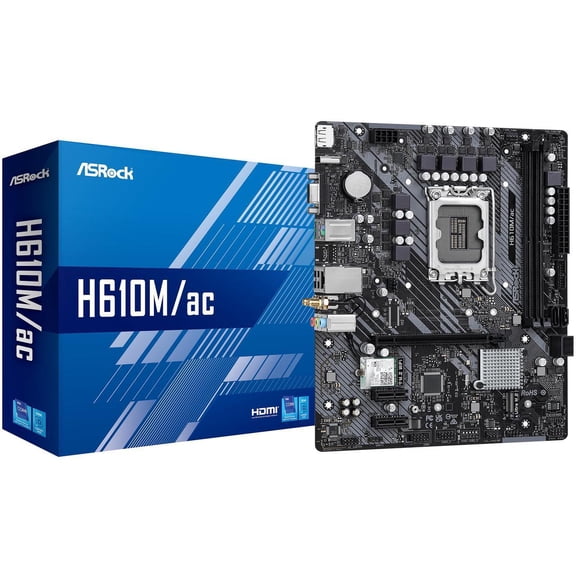 ASRock H610M/ac Intel LGA 1700 (14th/13th/12th Gen) mATX Motherboard (DDR4, PCIe 4.0, Ultra M.2, WiFi 5, Gigabit LAN, HDMI/DP/D-Sub, USB 3.2 Gen1)