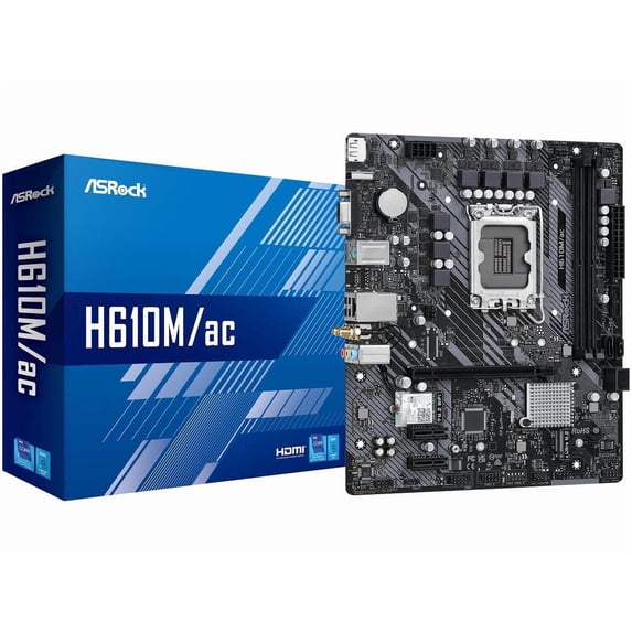 ASRock H610M/ac Intel LGA 1700 (14th/13th/12th Gen) mATX Motherboard (DDR4, PCIe 4.0, Ultra M.2, WiFi 5, Gigabit LAN, HDMI/DP/D-Sub, USB 3.2 Gen1)