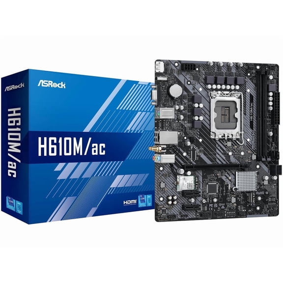 ASRock H610M/ac Intel LGA 1700 (14th/13th/12th Gen) mATX Motherboard (DDR4, PCIe 4.0, Ultra M.2, WiFi 5, Gigabit LAN, HDMI/DP/D-Sub, USB 3.2 Gen1)