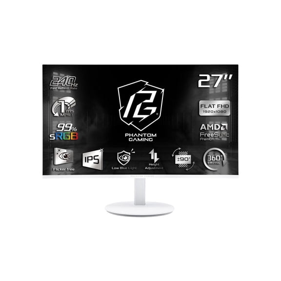 ASRock Phantom Gaming 27 inch Full HD 240Hz IPS FHD AMD FreeSync Premium (Adaptive Sync) 1ms White Gaming Computer Monitor with Height Adjustable, Pivot, Swivel & Tilt Stand PG27FFS2E-W
