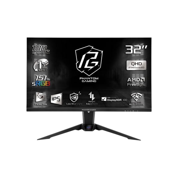 ASRock Phantom Gaming 32 inch QHD 2K 1440P 180Hz IPS AMD FreeSync (Adaptive Sync) 97% DCI-P3 151% sRGB Built-in Speaker Gaming Computer Monitor with Height Adjustable, Swivel & Tilt Stand PG32QFT