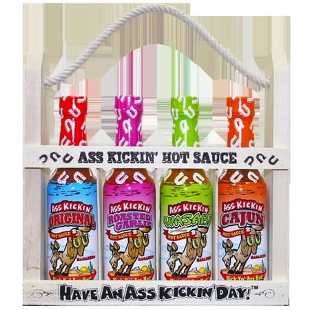 ASS KICKIN' Premium Hot Sauce Bottles Gourmet Gift Set with Wooden Bottle Holder – 5 oz. 4 Pack - Try if You Dare! – Perfect Gourmet Christmas Gifts and Stocking Stuffers for the Hot Sauce Fan