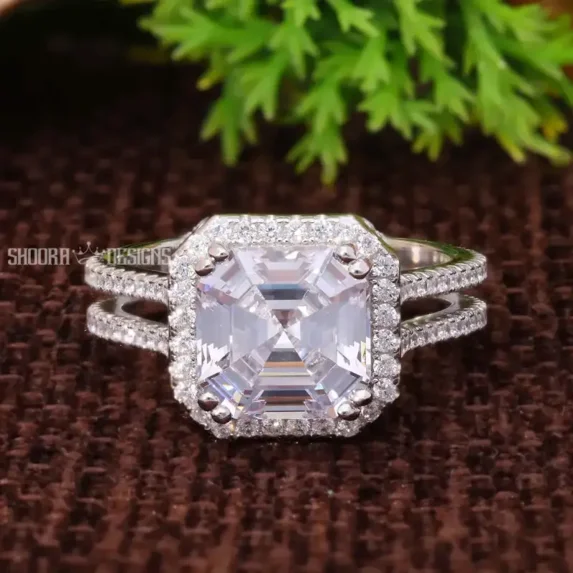 ASSCHER CUT LAB CREATED DIAMOND ENGAGEMENT RING, 4 CT ASSCHER DIAMOND HALO ENGAGEMENT RING