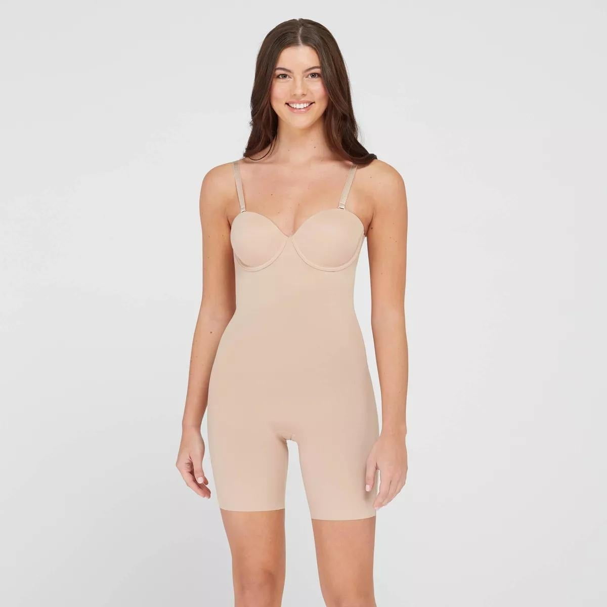 ASSETS by SPANX Women's Suit Your Fancy Strapless Cupped Mid-Thigh Bodysuit,  Neutral, 1X 