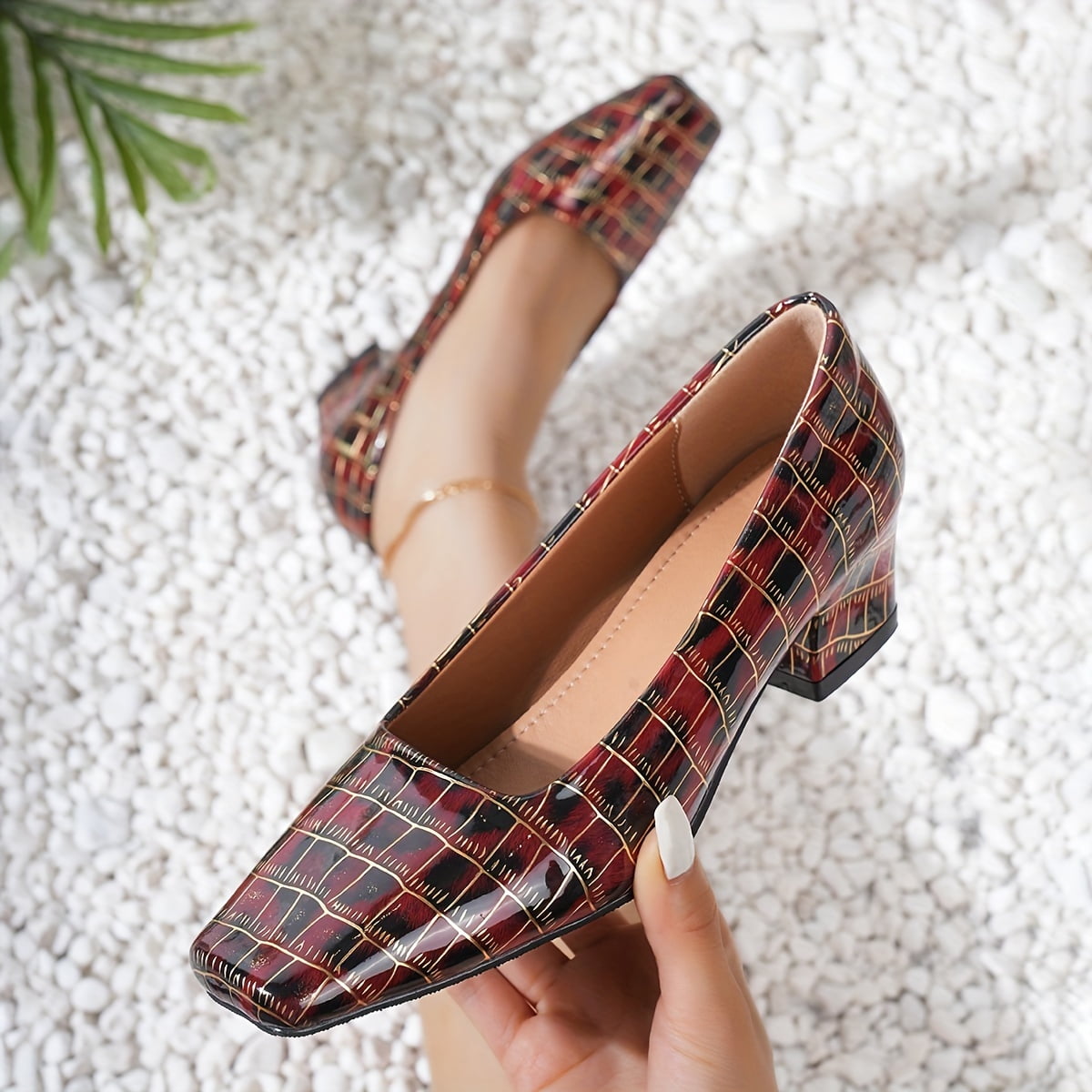 ASSEZR Women‘s Crocodile Pattern Chunky Heels Elegant Square Toe Dress