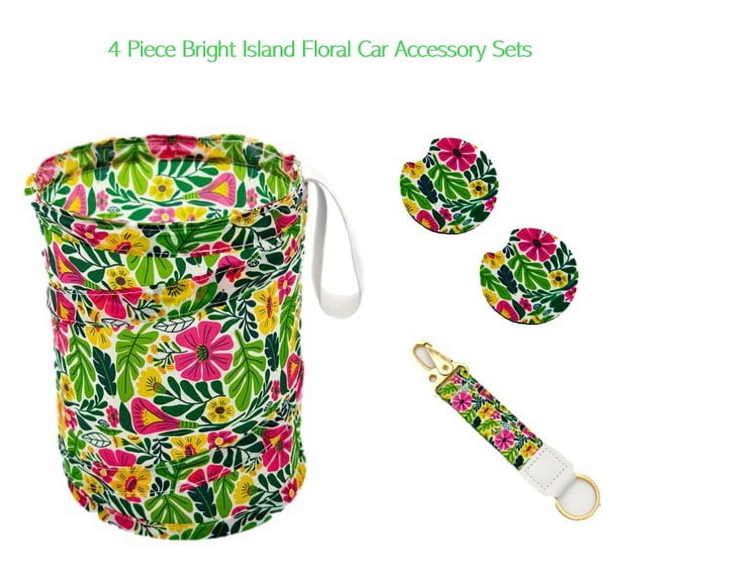 Women's Bright Island Floral Car Accessory Set with Keychain, Collapsible Trashcan, and Coasters