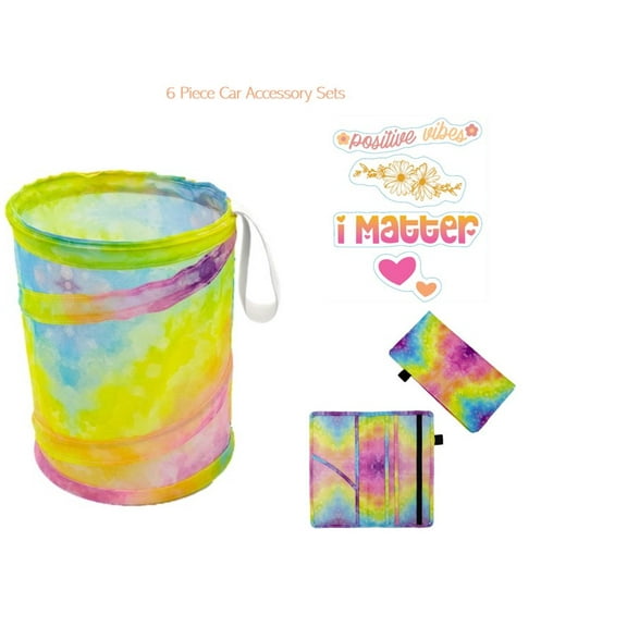 Women's Tie-Dye Print Car Accessory Set with Document Holder, Collapsible Trashcan, and 4 Mirror Decal Stickers