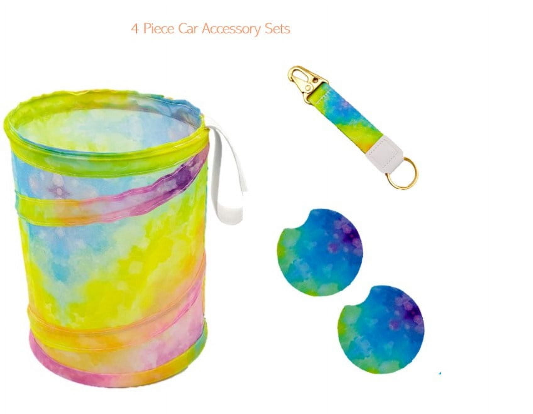 Women's Tie-Dye Print Car Accessory Set with Keychain, Collapsible Trashcan, and Coasters