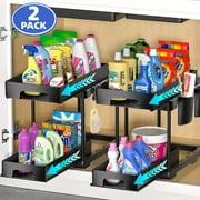 ASTARIN 2 Pack Double Sliding Under Sink Organizer - 2 Tier Bathroom and Kitchen Storage with 4 Hooks and 2 Hanging Cup - Ideal for Countertops, Vanities - Black