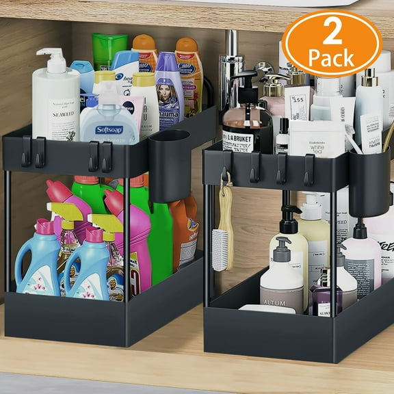 ASTARIN 2 Pack Under Sink Organizer - 2 Tier Multi-Purpose Bathroom Organizer and Kitchen Storage with 6 Hooks and 1 Hanging Cup - Bath Collection Baskets for Countertops, Vanities - Black