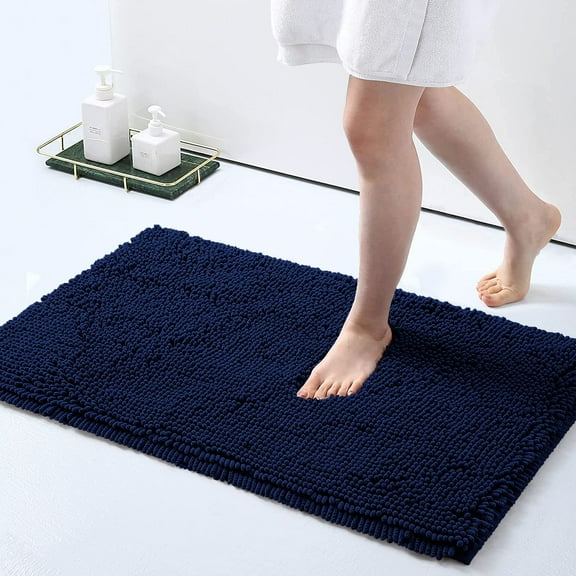 ASTARIN Extra Thick Striped Chenille Bath Rugs, Soft Chenille Bathroom Mats, Non Slip Absorbent Machine Washable Rugs for Shower Floor, Tub and Shower, Luxury Shaggy Bath Rugs (20"x32", Navy)