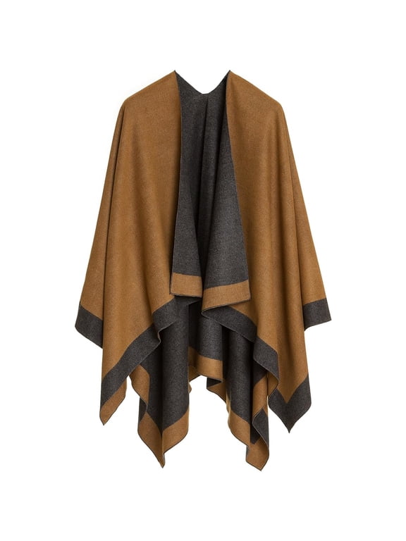Winter Women's Cotton Shawl Wrap Poncho Ruana Cape, Cardigan Sweater Open-Front for Spring Fall Winter,Black&Brown