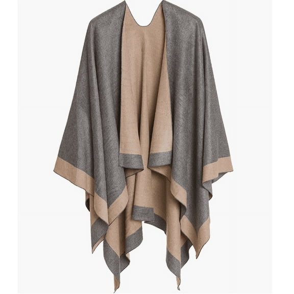 ASTARIN Winter Women's Cotton Shawl Wrap Poncho Ruana Cape, Cardigan Sweater Open-Front for Spring Fall Winter,Gray&Camel