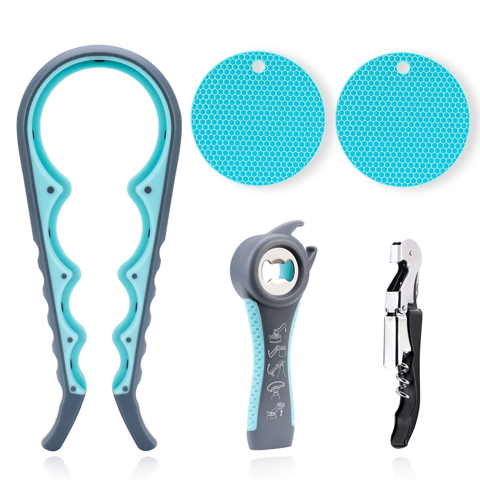 ASTOFLI 5 Pack Plastic Jar Opener/Bottle Opener/Wine Corkscrew/Jar