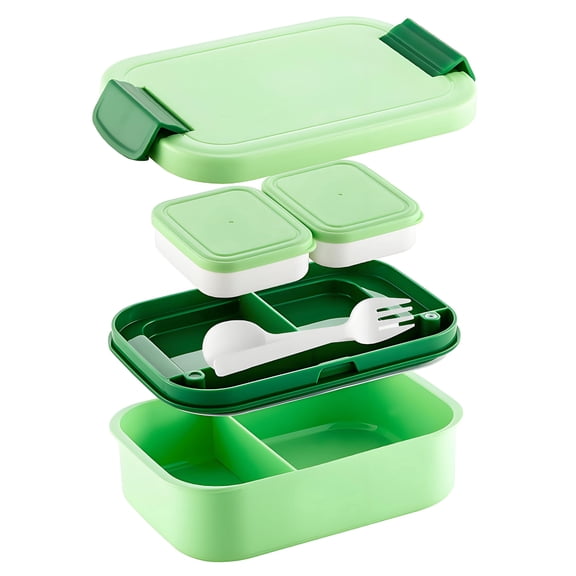 ASTOTSELL 2 Layers Stackable Bento Lunch Box for Adults & Teens,  64oz All-in-One Leak-Proof Lunch Box with Utensil Sauce Containers - Green