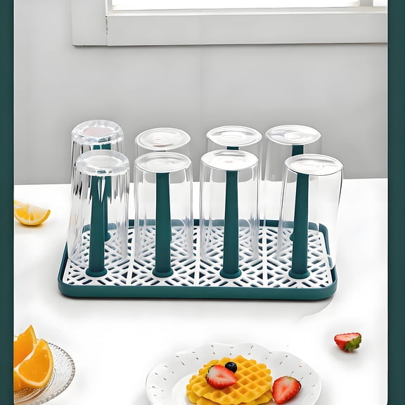 ASTOTSELL Water Cup Drying Rack - Cup & Dish Drying Rack with Non-Slip Grid & Water Collection Tray for Kitchen Counter - Green