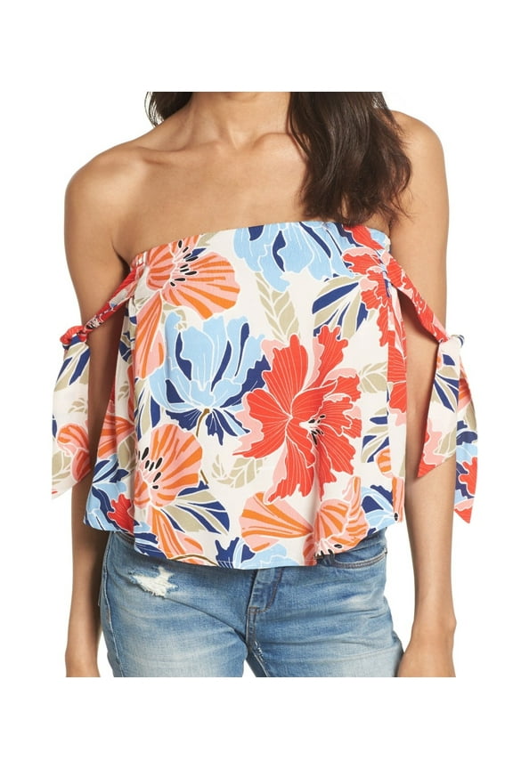 $78 Womens New 1473 Blue Coral Floral Tie Straps Off Shoulder Top L B+B
