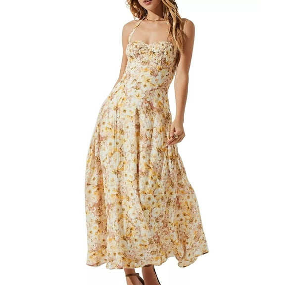 ASTR The Label Women's Mariella Taupe Yellow Floral Lined Maxi Dress (Large, Taupe Yellow Floral)
