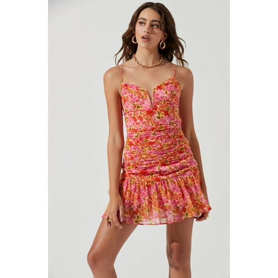 ASTR The Label Women's Meg Pink Multi Floral Ruched Lined Mini Dress (X-Small, Pink Multi Floral)