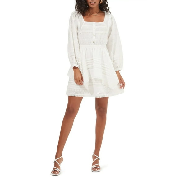 ASTR The Label Women's Pacoima Pleat Ruffle Pointelle Square Neck Mini Dress (Large, White)