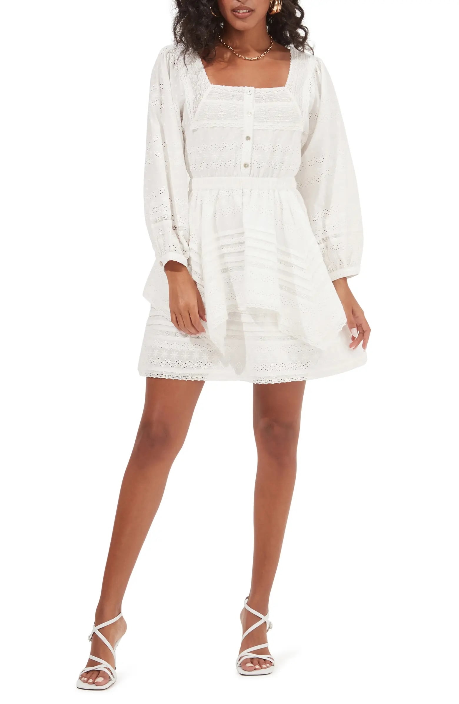 ASTR The Label Women's Pacoima Pleat Ruffle Pointelle Square Neck Mini Dress  (Medium, White) - Walmart Business Supplies
