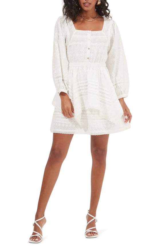 The Label Women's Pacoima Pleat Ruffle Pointelle Square Neck Mini Dress (Small, White)
