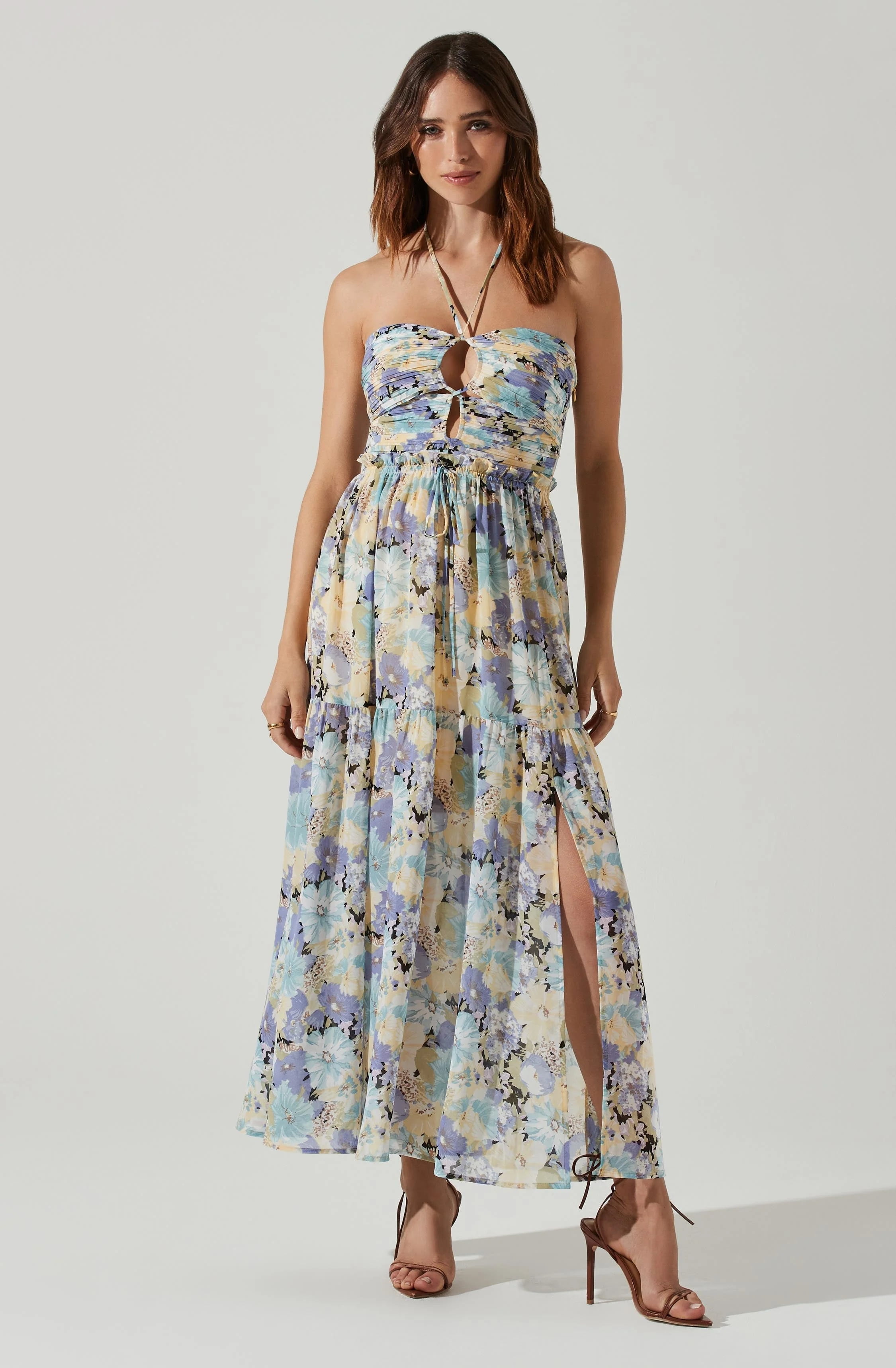 ASTR The Label Women's Rozina Blue Green Floral Cutout Lined Maxi Dress  (X-Small, Blue Green Floral)