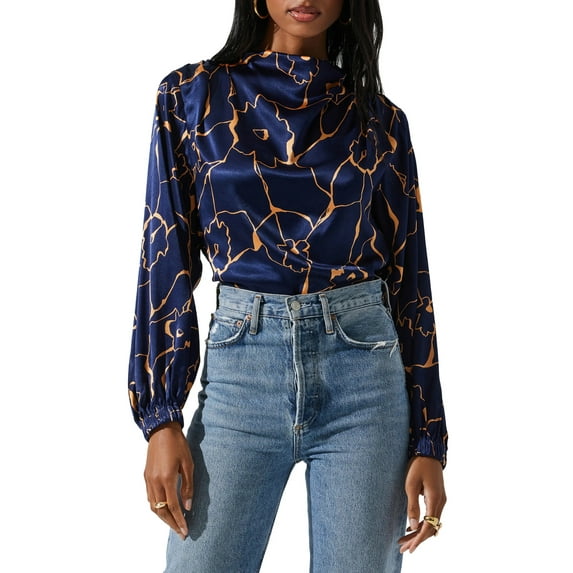 ASTR The Label Women's Veronica Cutout Cowl Neck Long Sleeve Satin Blouse Top (Large, Navy Taupe)