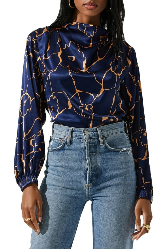 The Label Women's Veronica Cutout Cowl Neck Long Sleeve Satin Blouse Top (X-Small, Navy Taupe)