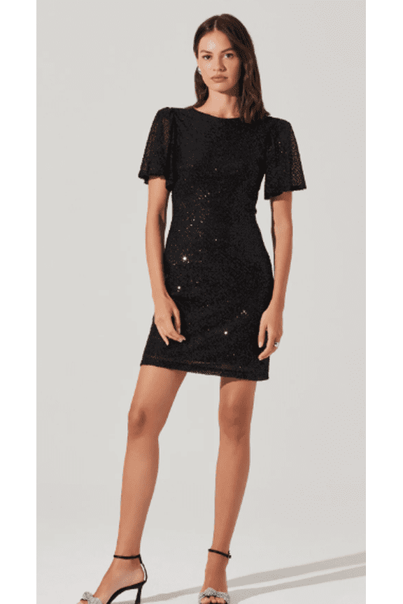 Women's Black Sequin Flutter Sleeve Mini Dress, XL