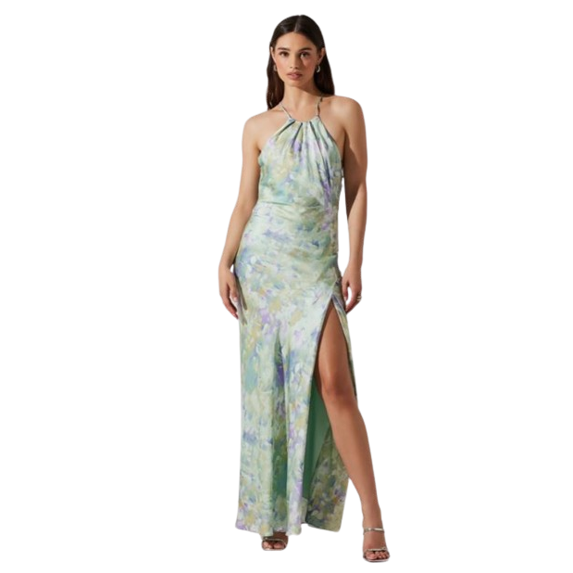 ASTR the Label Women's Purple Abstract Elynor Satin Halter Maxi Dress, Size L