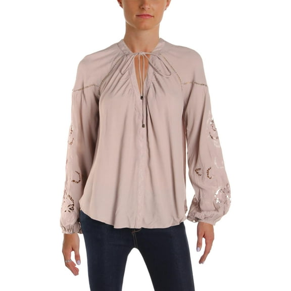 ASTR the Label Womens Laser Cut V-Neck Button-Down Top