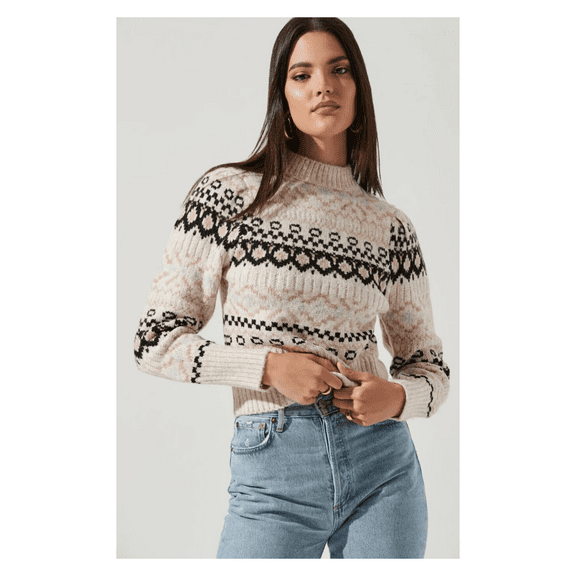 ASTR the label Women's Maria Mock Neck Fitted Sweater, Ivory-Black Multi, Medium