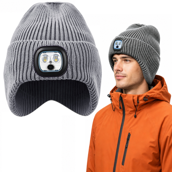 ASTRAEA [1-Pack] Unisex LED Beanie Hat with Earflap, USB Rechargeable Headlamp Cap Warm Knit Hats for Men Women Outdoors at Night, Gray